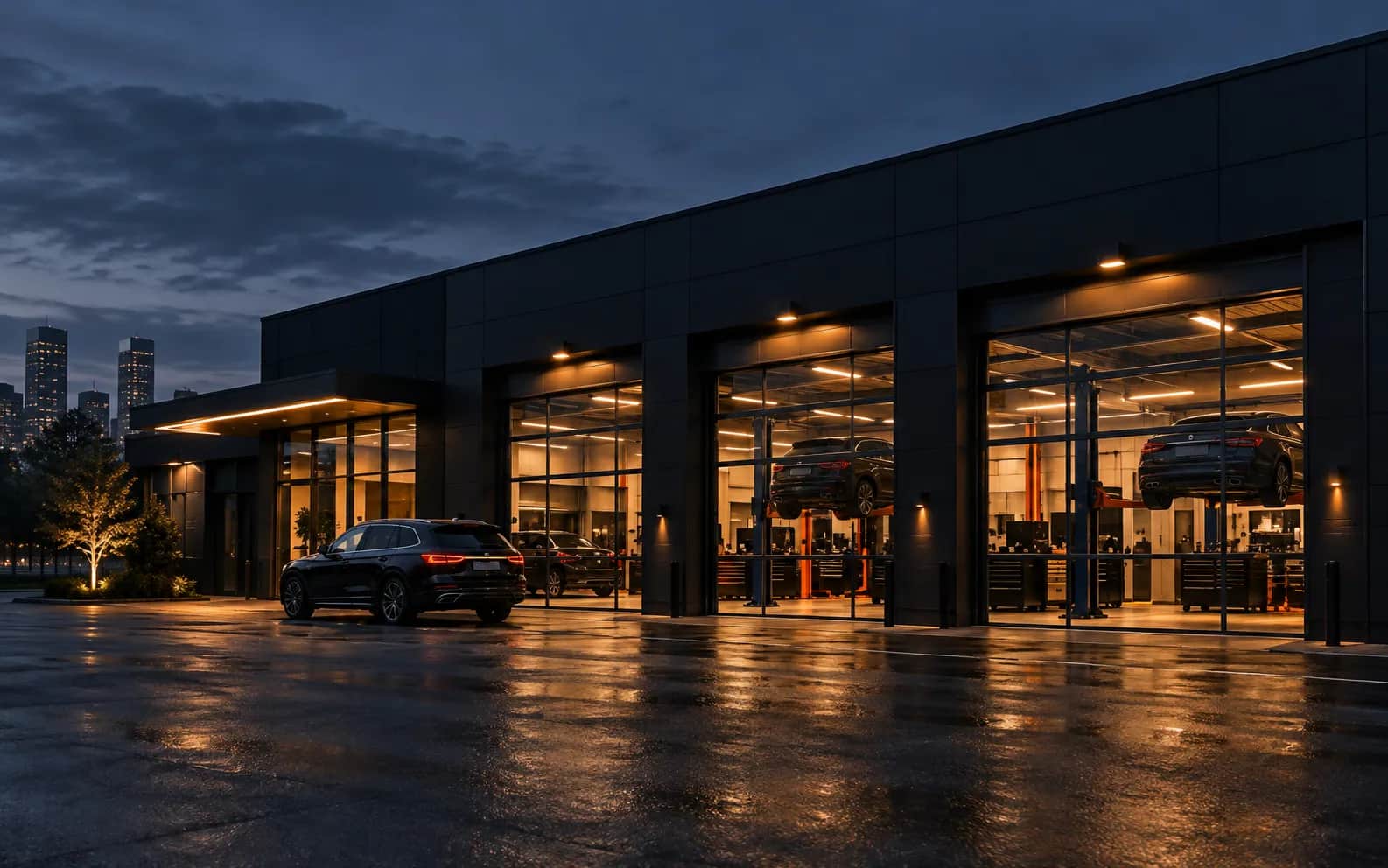 Современный автосервис M1 в вечернее время